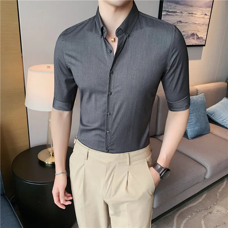 saferido British Style Men Social Shirts Short Sleeve Tuxedo Classic Contrast Collar Striped Solid Shirt for Men Business S-5XL