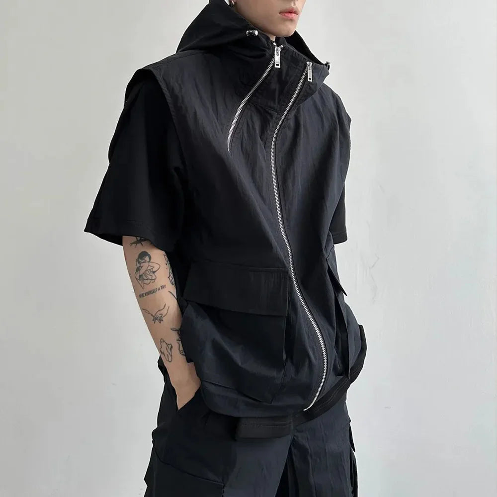 saferido Men Cargo Vest Hooded Summer Japanese Zipper Design Sleeveless Tops Male Korean Streetwear Hip Hop Unisex Plus Size Waistcoat