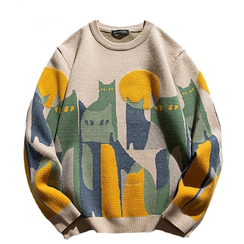 Autumn Harajuku Knitted Sweater Men Women Winter Cartoon Full Cat Print Pullover Vintage Causal Loose Sweaters Streetwear
