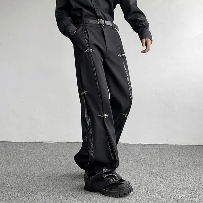 Men's Pants Autumn Winter Metal Buckle Design PU Leather Splicing New Fashion Solid Color Darkwear Trousers
