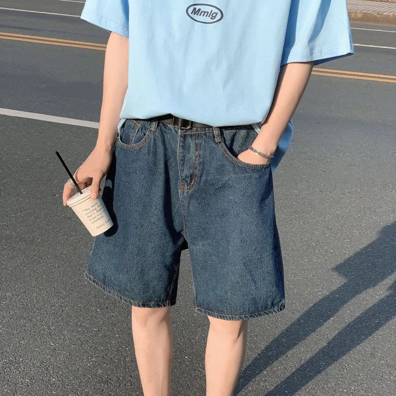 Summer Blue Denim Shorts Men Fashion Casual Straight Denim Shorts Men Streetwear Loose Hip Hop Retro Jeans Shorts M-2XL