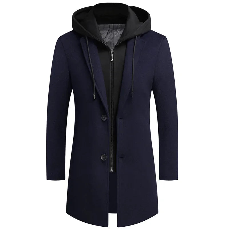 Men's Jacket Detachable Hooded Overcoat Tweed Overcoat Wool Casual Business Long Fall Winter New Thick Jacket Size M-4XL