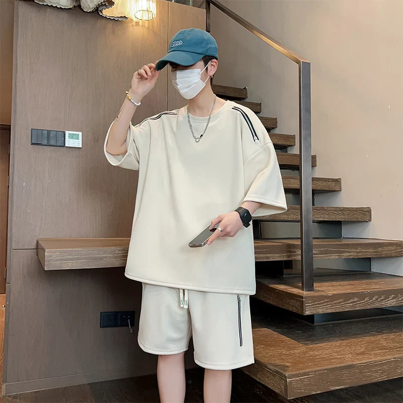 saferido Oversized Tracksuit Men New Korean High Street Fashion Zipper Design T-shirt Shorts Two Pieces Sets Mens Streetwear Men Clothes