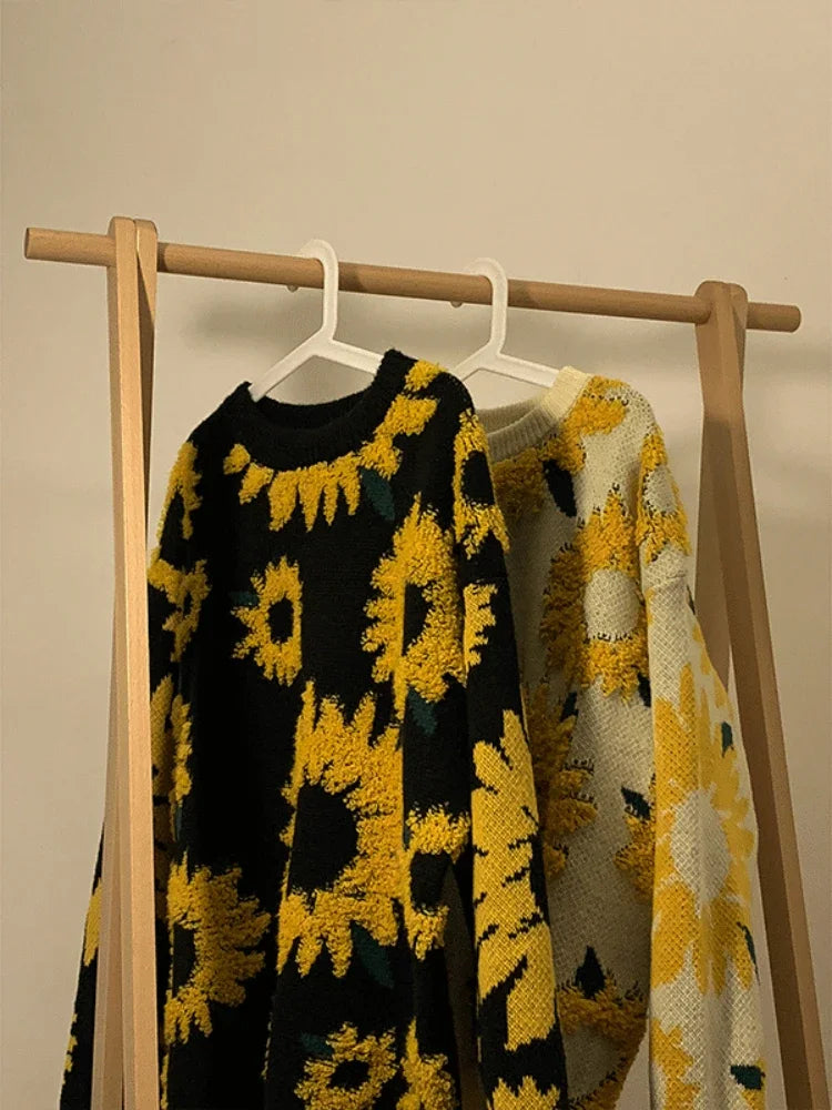Flocking Floral Sweaters Men Baggy Spring Autumn Japanese Style Retro High Street Harajuku Knitwear Slouchy Ins