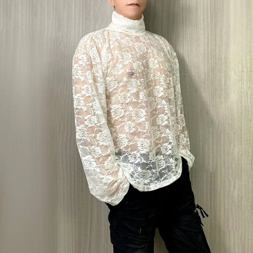 saferido Mens Spring Autumn Lace Transparent Sexy Rose High Neck Long Sleeve T-Shirt Genderless Hollow Breathable Jacquard Top Unisex