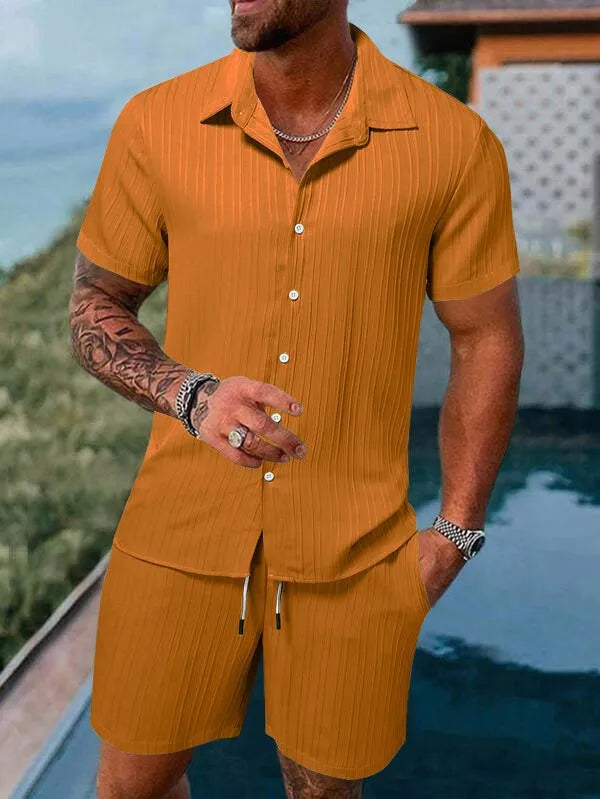 Spring And Summer New Sports Men's Polo Casual Solid Color Loose Short-sleeved Drawstring Shorts Cardigan Striped Sports Suit