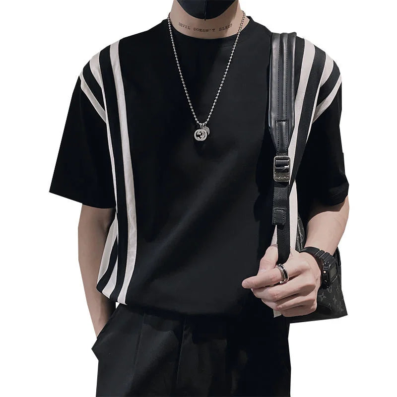 saferido Summer Men's Social Simple Fashion T Shirts Korean Style Round Neck Stripe Printing Tshirts Short Sleeve Black T-shirt