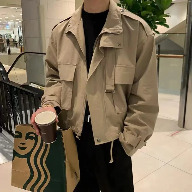 saferido Men's Jackets Coat Korean Style Loose Fashion Turn-down Collar Retro Cargo Solid Pockets Temperament Winter Jacket Male Coat