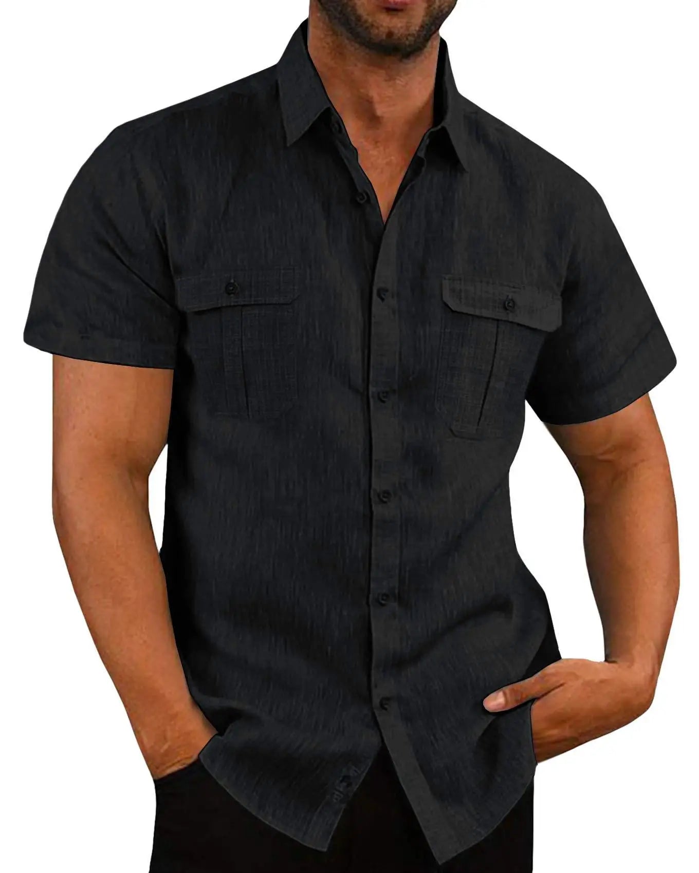 Men Short-Sleeved Shirts Summer Solid Color Stand-Up Collar Casual Beach Style Plus SizeMale Cotton Linen Shirts M-5XL