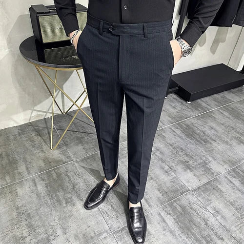 saferido Korean style Fashion Striped Suit Pants for Men Formal Business Dress Pants Korean Slim Fit Classic Casual Trousers 36 38