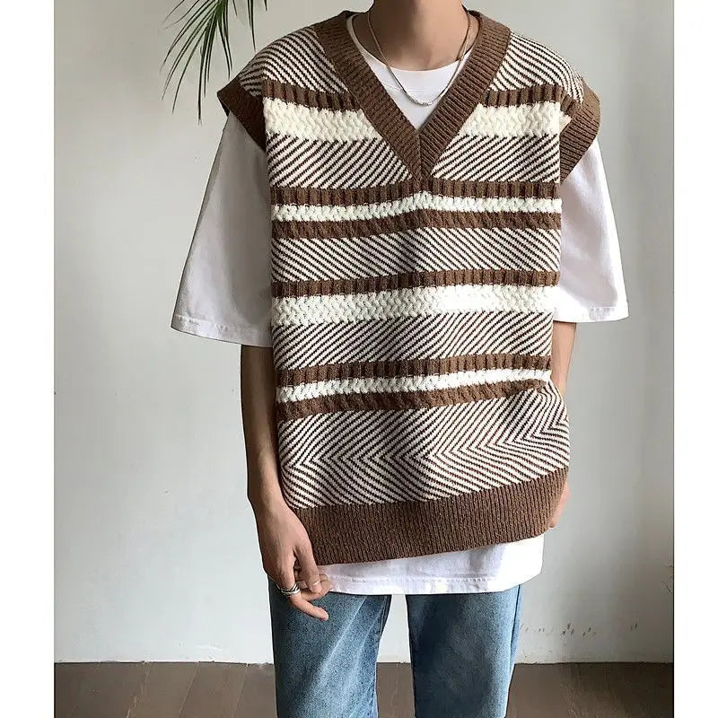 Autumn New Color Block Striped Sweater Vest for Men Korean Fashion Casual Loose Sleeveless Knitted Sweater Vests Men and Women