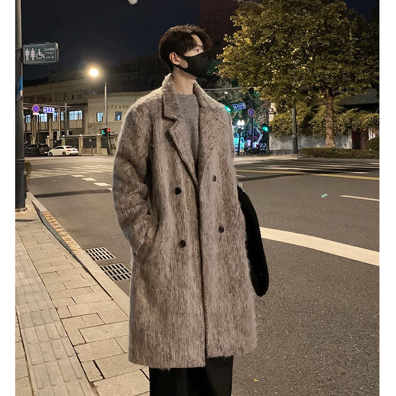 saferido Korean Style Medium-length Men's Trench Autumn Winter High Quality Loose Casual Woolen Coat Trendy Overcoat Khaki/Dark Gray