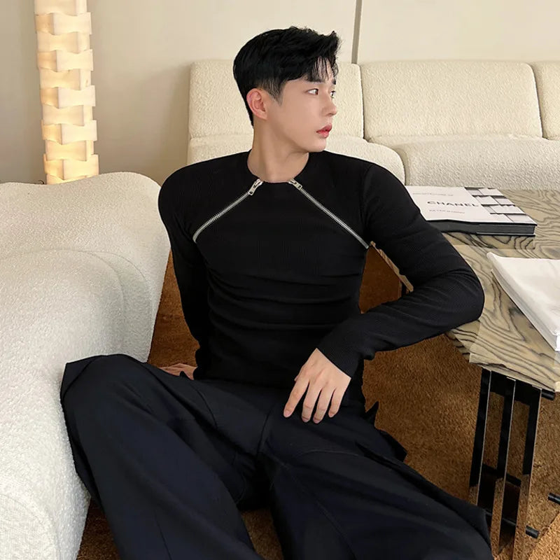 saferido Men's Slim Long Sleeve T-shirts 2024 Autumn New Niche Design Dark Zipper Split Versatile Tops Korean Style Clothing