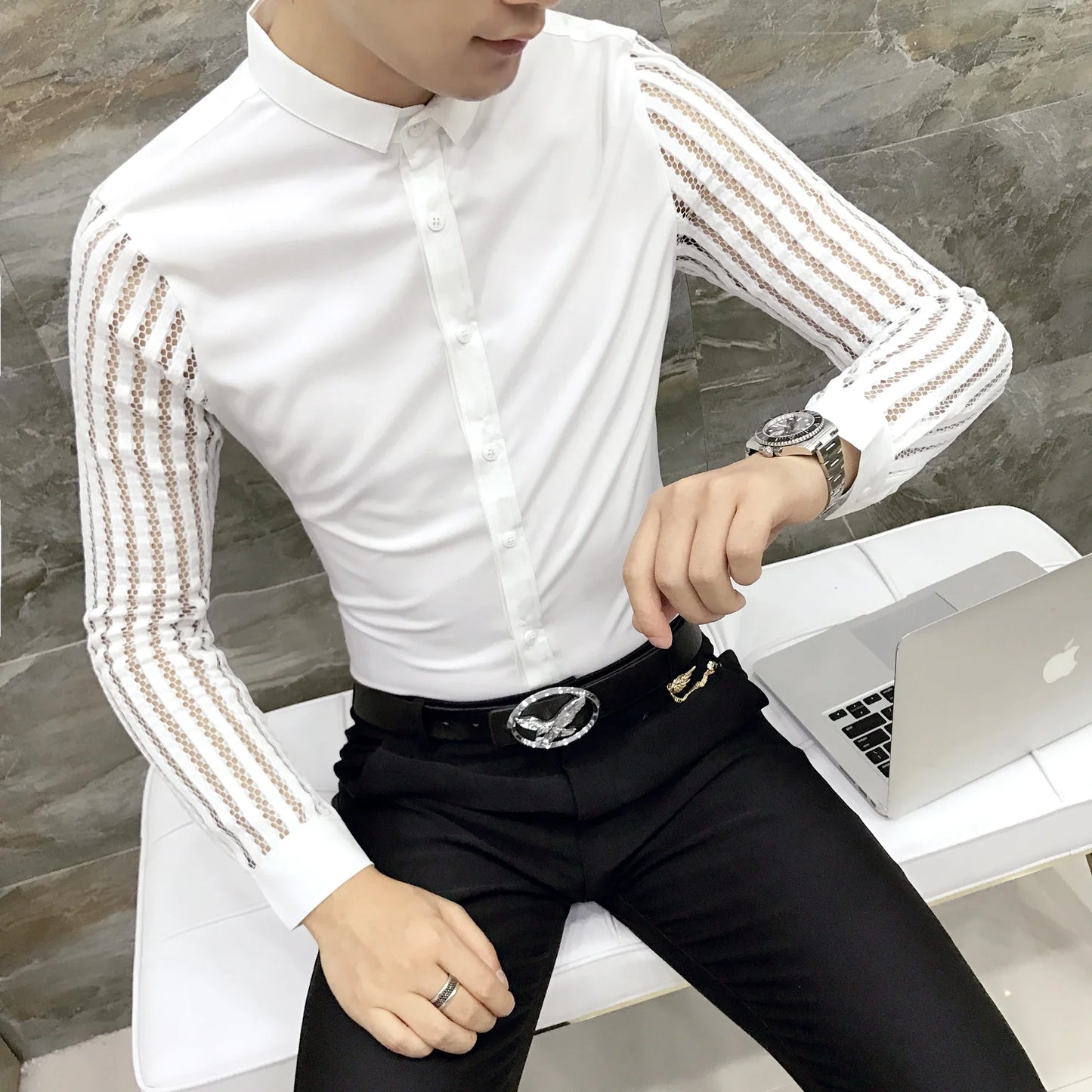 saferido Male Spring Hollow Out Shirt with Long Sleeves/Men's Slim Fit Lapel Business Shirt Brand Clothing Leisure Tops S-3XL