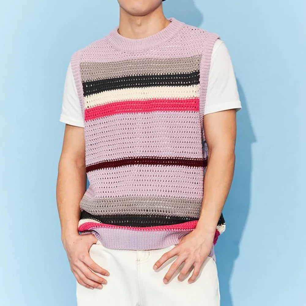 saferido Spring New Hollow Stripe Knitwear Sweater Vest 2024 Contrast Color O Neck Casual Tank Tops Korean Fashion Male Sleeveless Tees