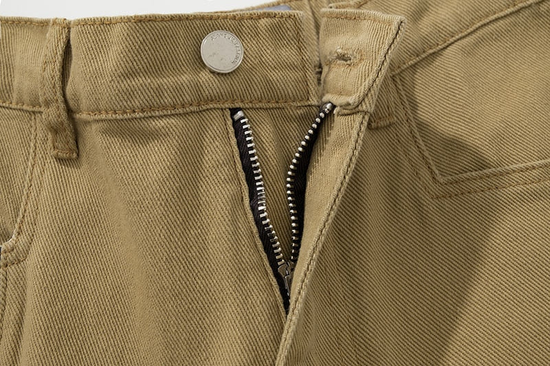 Cross Zipper Decorate Solid Black Mens Cargo Pants High Street Retro Straight Elastic Waist Casual Trousers Loose Overalls