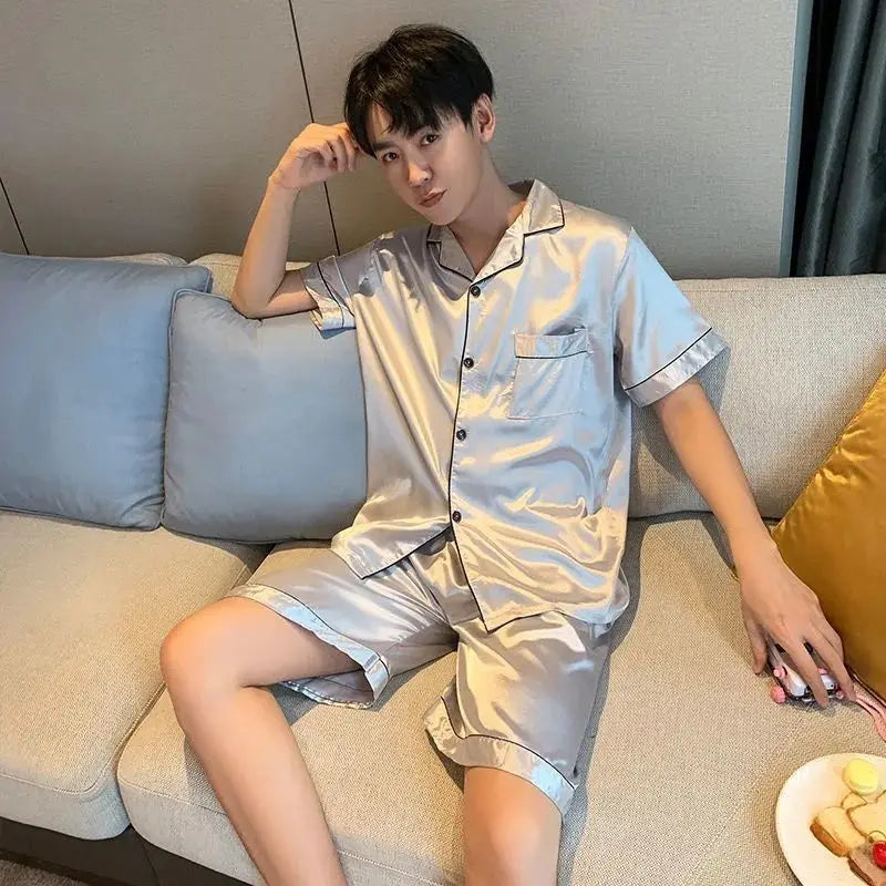 Men Pajama Sets Ice Silk Satin Short Sleeve Shirt+Shorts 2Pcs Suit Summer Thin Sleepwear Solid Color Male Casual Home Clothes