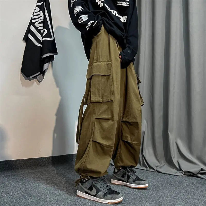saferido Spring Autumn Solid Color Pockets Fashion Long Pants Men All Match Cargo Pants Casual Loose Trousers Pure Cotton Male Clothes