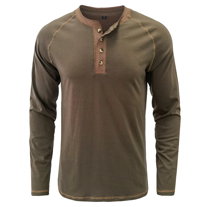 Spring Mens TShirt Solid Color Long Sleeve Cotton Casual Streetwear Outdoor Tops Tees Men Fashion O Neck T Shirt Button Top Man