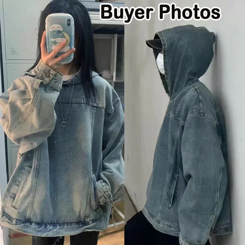 Japanese Denim Hooded Jacket Men Women Loose Casual Vintage Sweatshirt Coat High Street Washed Denim Pullover Varsity Autumn