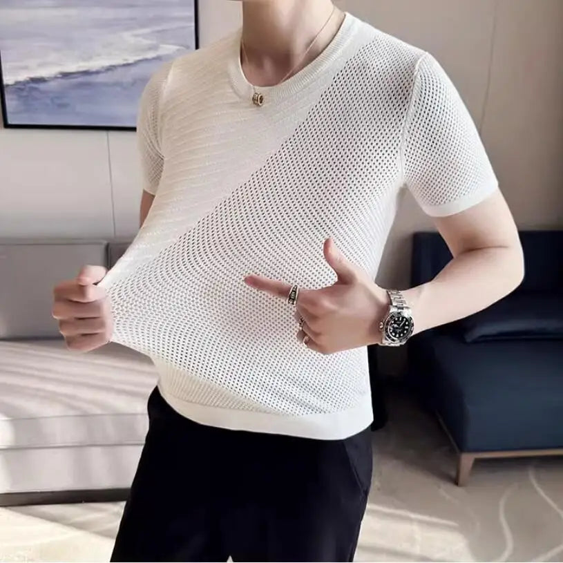 saferido Korean Style Men's Summer Casual Short Sleeve Knitted T-shirt/Male Ice Silk Hollow Out Round Neck T-shirt S-3XL