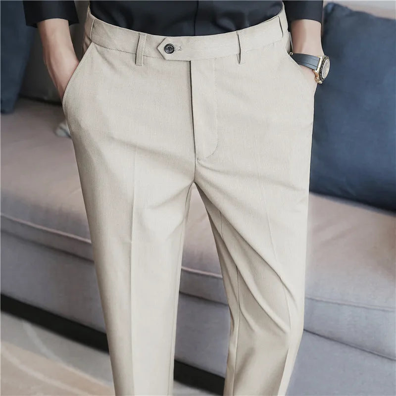 saferido British Style New Solid High Waist Suit Pant Men Business Formal Wear Trousers High Quality Slim Casual Office Suit Pants 28-38