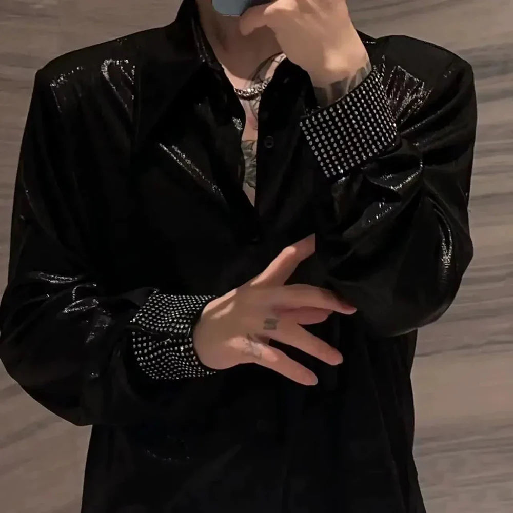 saferido Mens Nightclub Shiny Personalized Non-Diamond Shirt Autumn Winter Genderless Korean Style Fashion Versatile Long-Sleeve Shirt