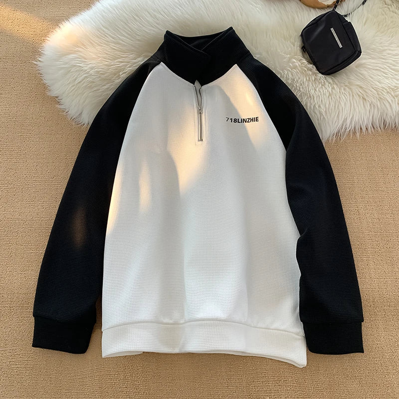 saferido Korean Casual Fashion Street Hip Hop Sweatshirt Couple Model Splicing Sports Pullover College Style Printed Long Sleeve Tops