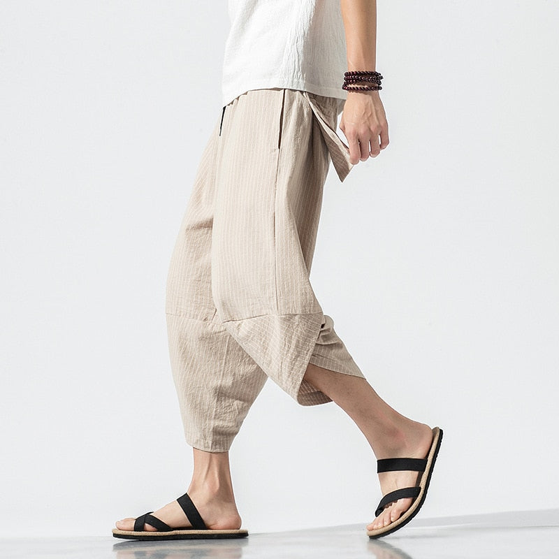 HOUZHOU Striped Cotton Linens Pants for Men Oversize Harem Cropped Trousers Male Summer Casual Beach Japanese Streetwear Hip Hop