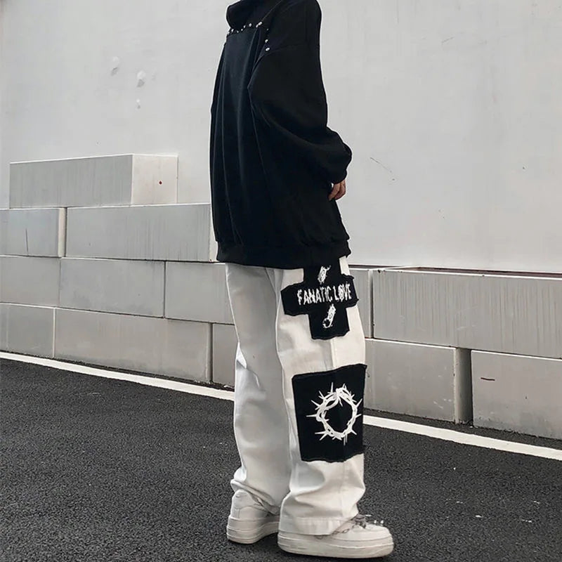 saferido Large Size Cargo Pants Men Spring Autumn Cartoon Patch Ins Fashion Casual Trousers High Street Harajuku Streetwear Male Clothes
