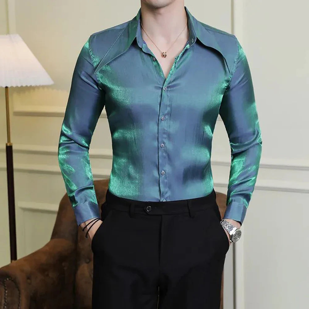 saferido Mens Korean Style Slim Sexy Polarized Pointed Collar Long-Sleeve Shirt Autumn Nightclub Trend No-Iron Anti-Wrinkle Shirt For Men