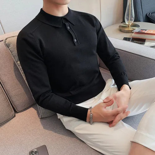saferido Summer Mens Long-Sleeved Knitted Casual POLO Shirts Contrast Color British Slim Fit Lapel POLO Shirt Men Clothes S-3XL