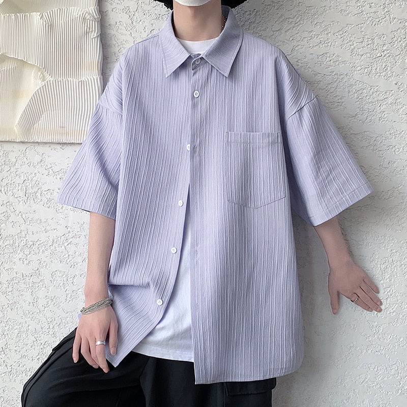 Summer Ice Silk Vertical Stripe Shirt Men Summer Short Sleeve Lapel Shirts Blouse Top Loose Casual Men Clothing Camisas