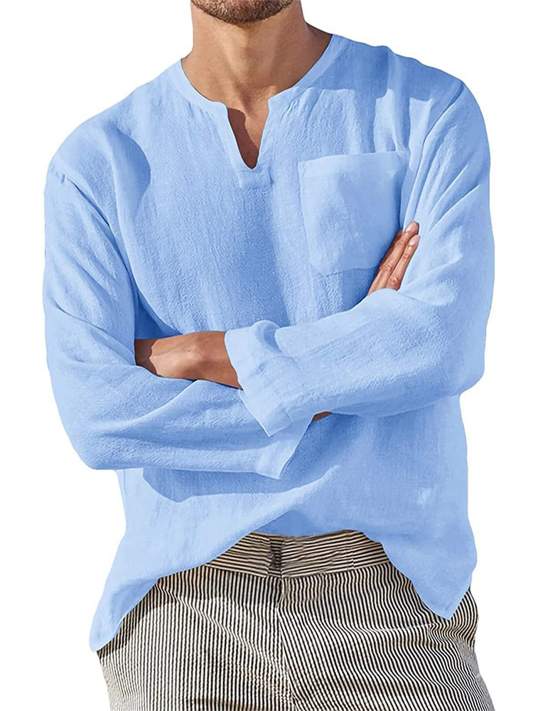 Men's Cotton Linen T Shirt Long Sleeve Hippie Casual Beach Vintage V-Neck Loose Pullover Tops Mens Tees Streetwear