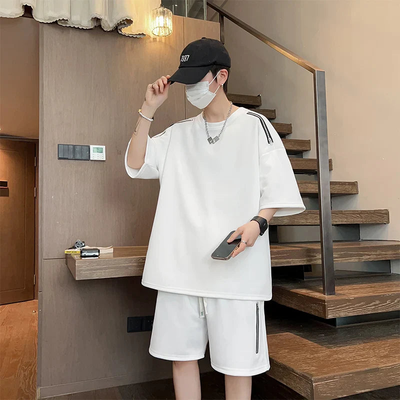 saferido Oversized Tracksuit Men New Korean High Street Fashion Zipper Design T-shirt Shorts Two Pieces Sets Mens Streetwear Men Clothes