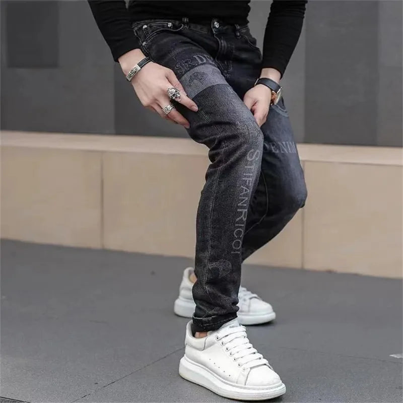 saferido Mens Denim Print Pants Jeans Korea Slimming Trendy Casual Jeans All-match Streetwear Light Luxury Men Jeans Pants for Men