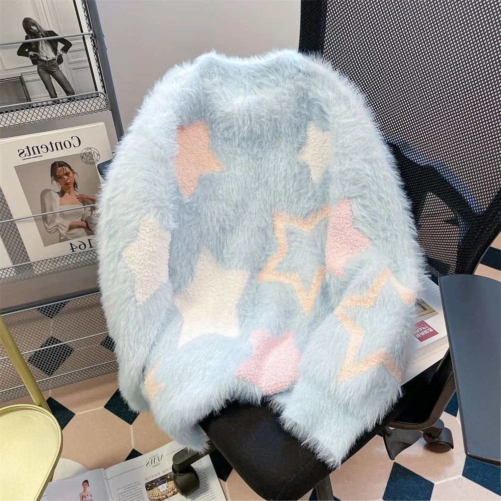 saferido Y2K Mohair Sweater Men Kawaii Sweet Knitted Pullovers Jumpers Long Sleeve O-Neck Sweater Male Korean Japanese Streetwear