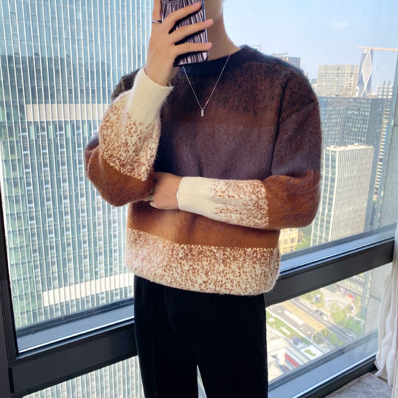 Autumn Winter Fashion Mens Sweaters Velvet Thick Long Sleeve Knit Jumper Gradient Colors Striped Patckwork Sweater Pullovers Man