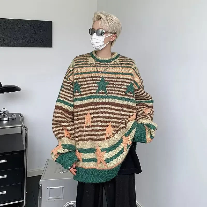 saferido Y2K Star Sweater Men Harajuku Striped Knitted Pullovers Jumpers Male Tops Oversize Purple Winter Streetwear Hip Hop