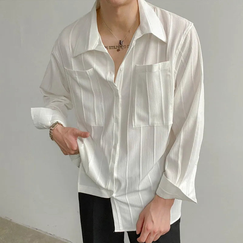 Men's Luxury Suit Collar Texture Shirt Vintage Casual Drapped Solid Color Button-down Long Sleeve Shirts for Men Spring Clothing