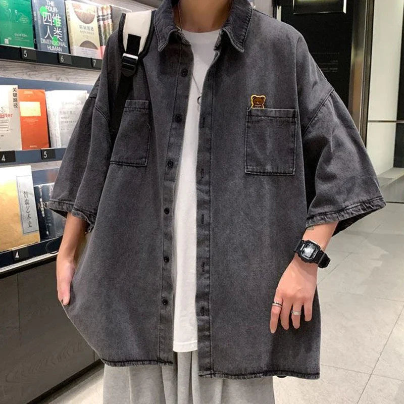 saferido Turn-down Collar Loose Man Shirts Handsome Short Sleeve Button Pockets Solid Korean Fashion Casual Spring Summer Men's Clothing