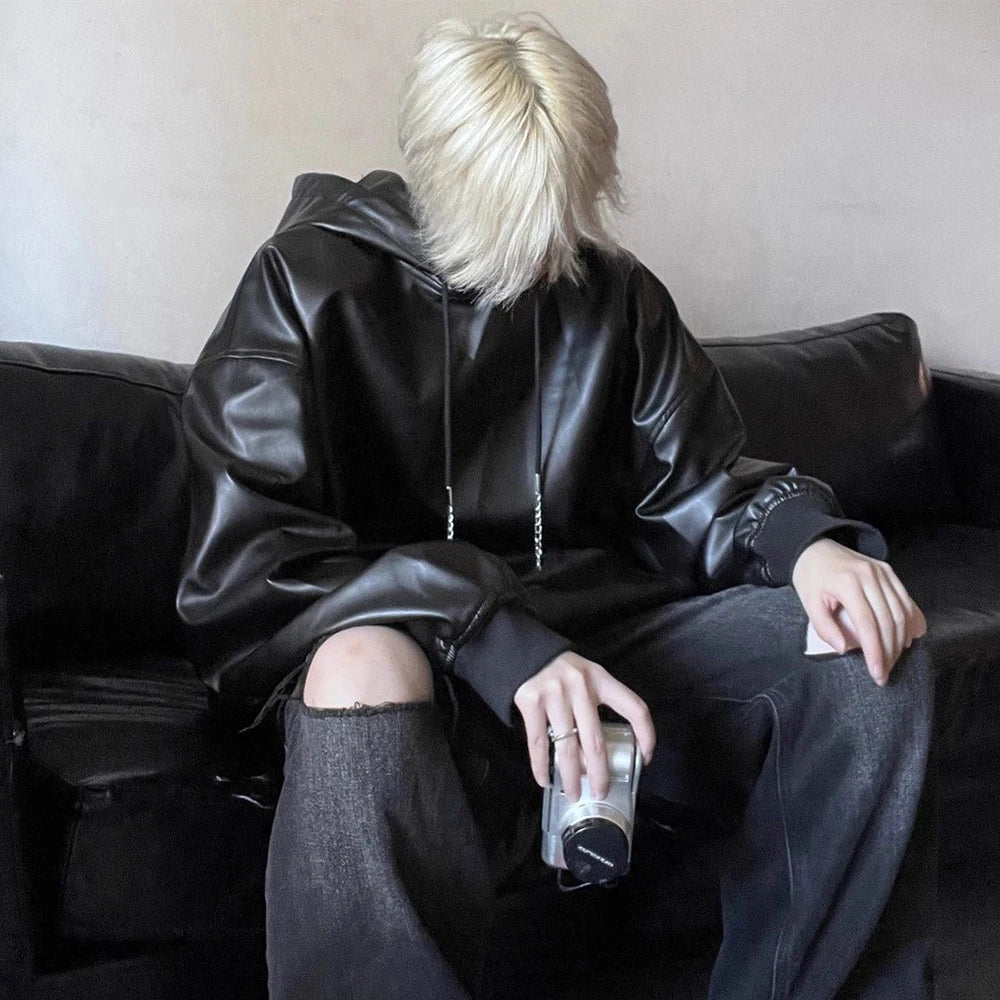 saferido Mens American Biker Y2k Pu Leather Hoodie Genderless Essential Loose Solid Color Trendy Street Hip-Hop Sweatshirt Unisex
