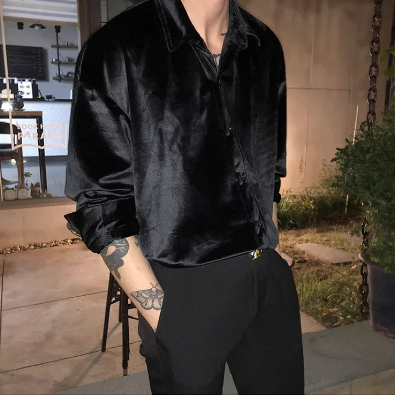 saferido Streetwear Fashion Men Satin Wine Red Shirt Spring Summer Lapel Long Sleeve Clothing Vintage Casual Loose Chic Versatile Tops