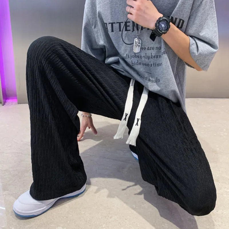saferido Summer Ice Silk Pants Men Fashion Oversized Wide Leg Pants Men Japanese Streetwear Hip Hop Loose Pleated Pants Mens Trousers