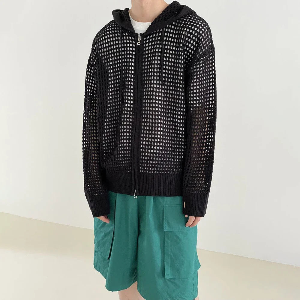 saferido Y2k Knitted Cardigan Men's Hollow Design Zipper Hoodie Outerwear Autumn Fashion Oversized Loose Sexy Long Sleeve Sweater Jacket