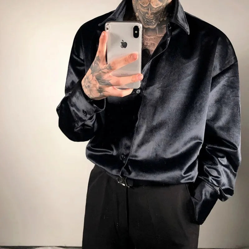 saferido Streetwear Fashion Men Satin Wine Red Shirt Spring Summer Lapel Long Sleeve Clothing Vintage Casual Loose Chic Versatile Tops