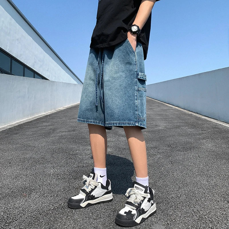 saferido Korean Style Summer Men's Blue Baggy Denim Shorts New Street Apparel Workwear Large Pocket Wide Leg Denim Shorts Blue