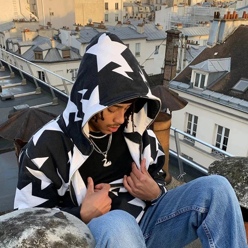 New y2k Sweatshirt Men Star Print Long Sleeve Hooded Tops 2000s Aesthetic Clothes Zip Up Streetwear Fairycore Grunge Jacket
