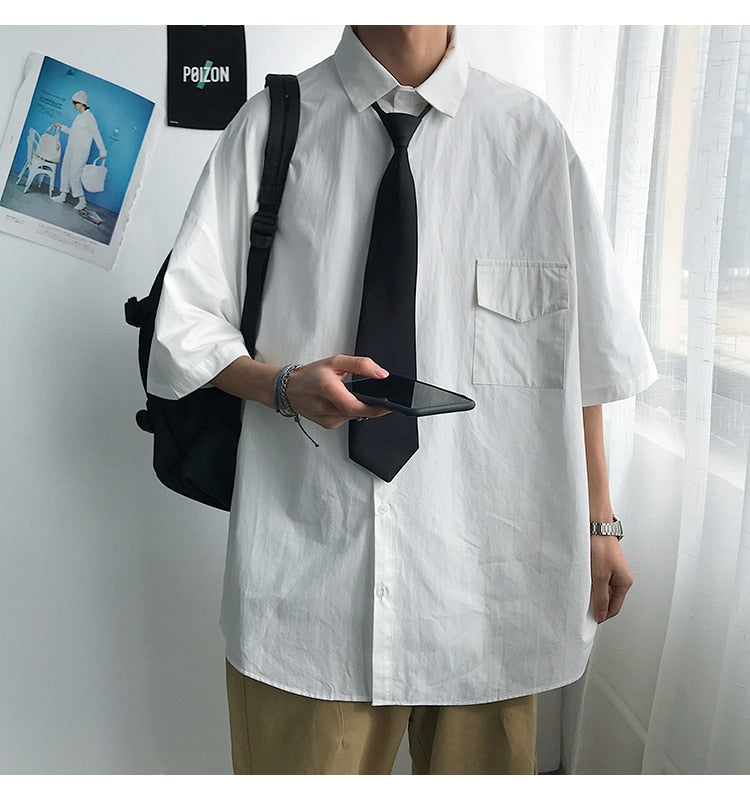 saferido Summer New Fashion Loose Solid Shirts Men's Casual Short Sleeve Shirts Turn-down Collar Clothing Blouses Tops Q02