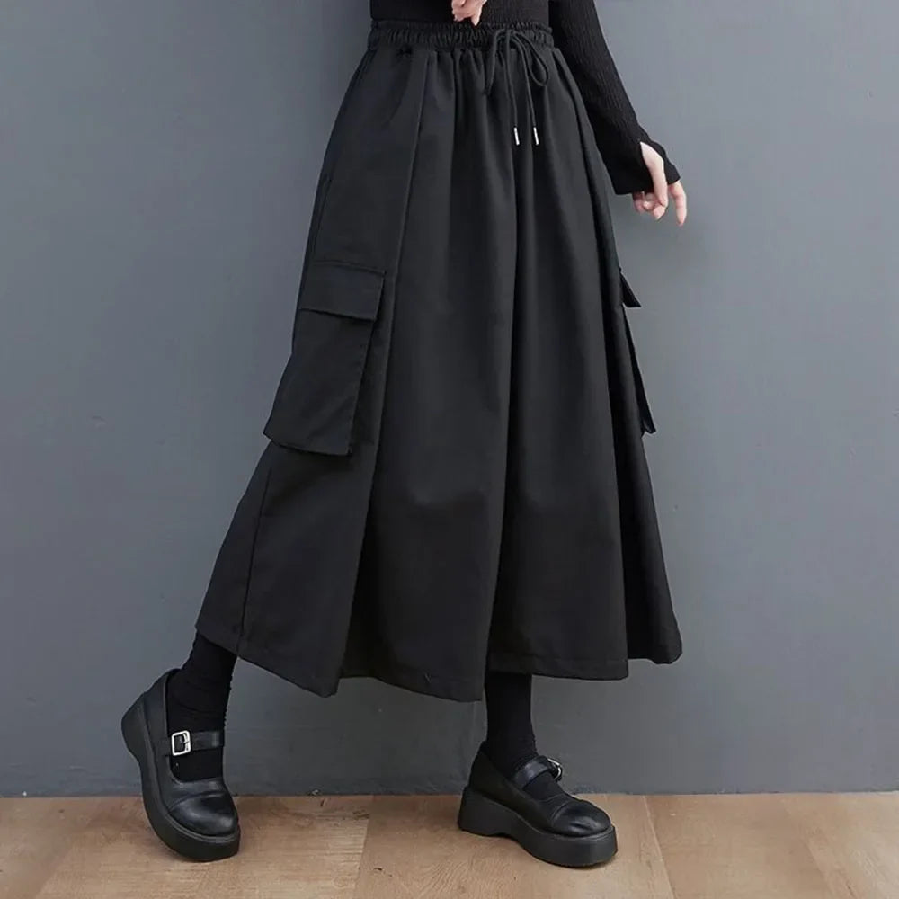 saferido Gothic Style Japanese Casual Large Pocket Culottes Fashion Loose Daily Versatile Elastic Waist Wide Leg Pants Unisex 2024 New